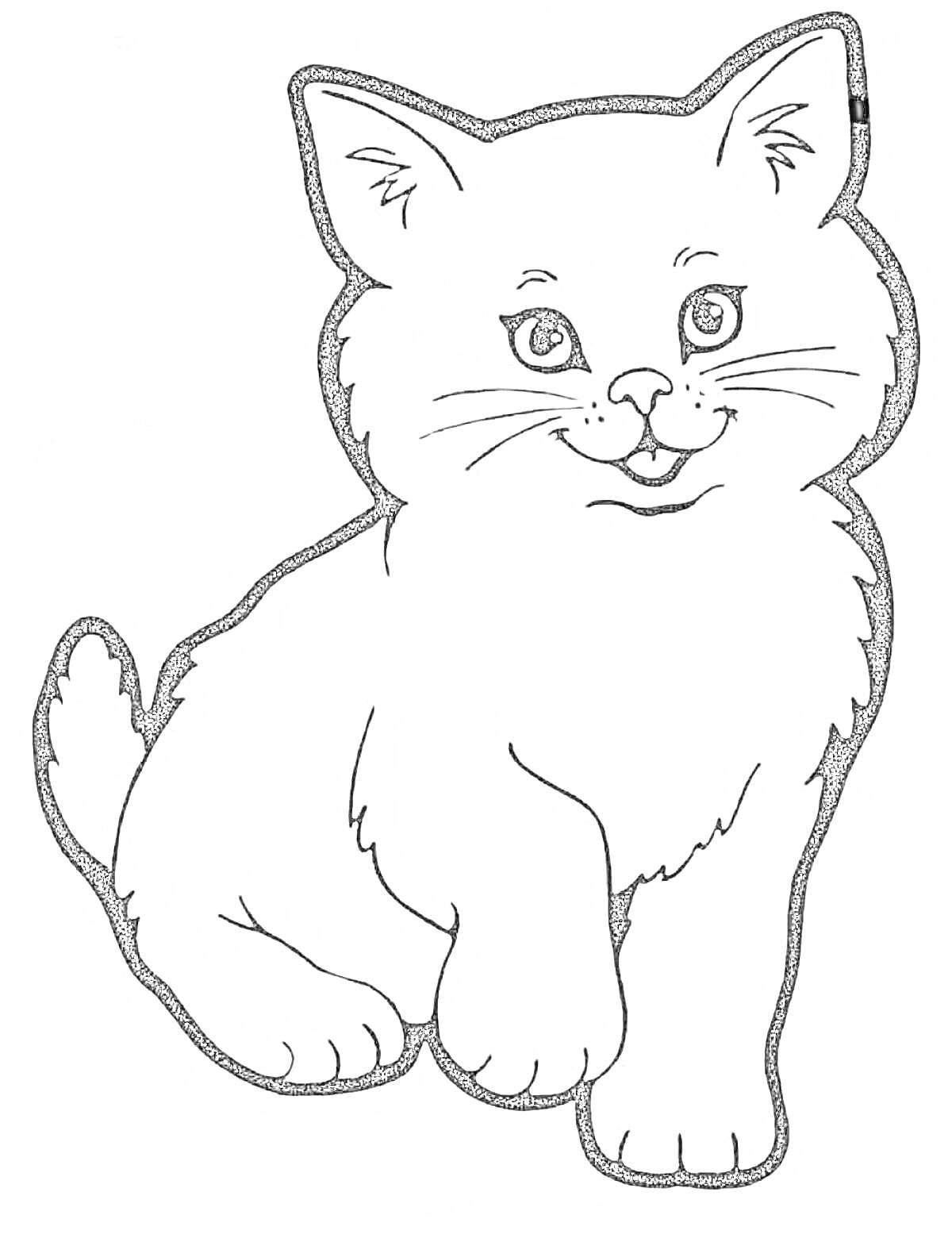 Раскраска Котенок в сидячей позе с поднятыми ушами и высунутым языком