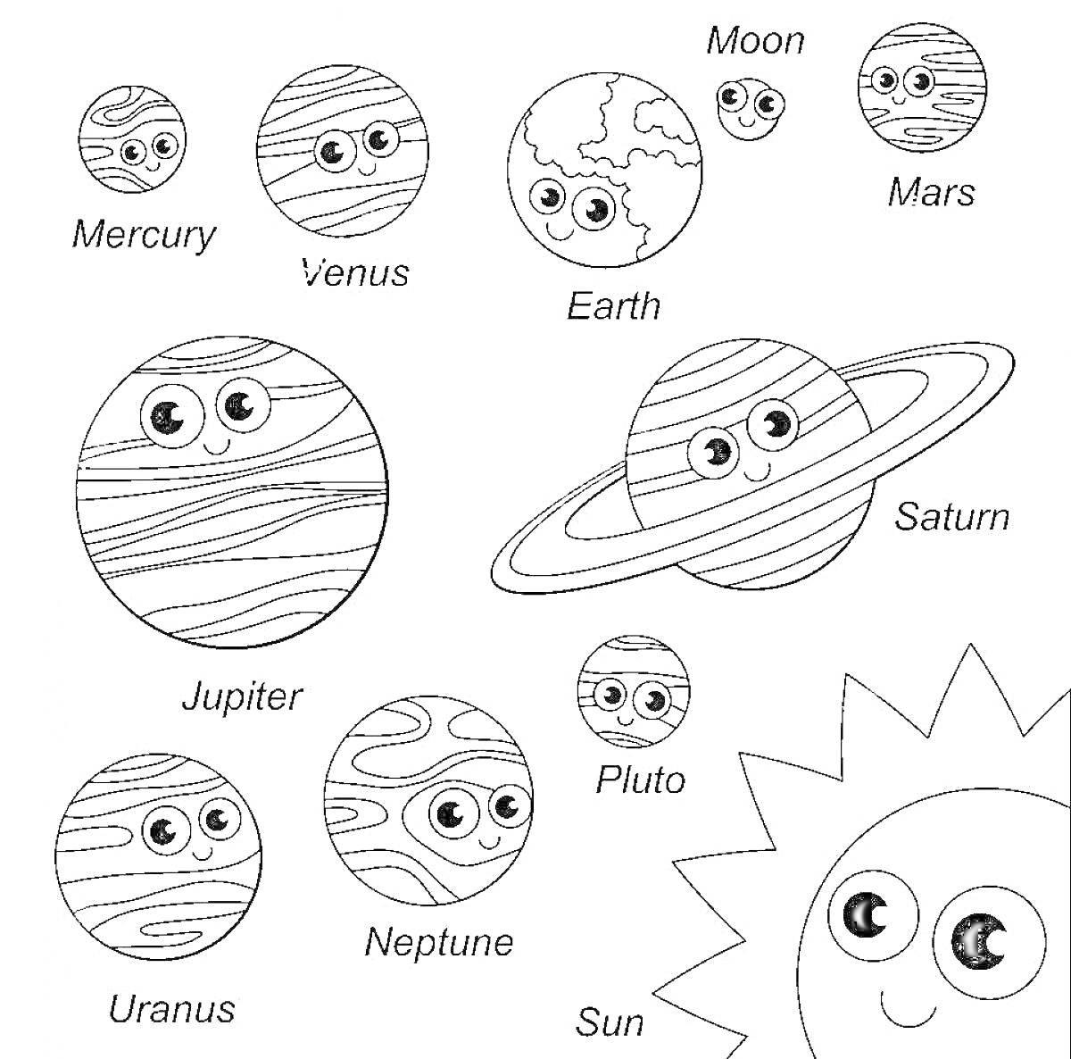 Раскраска Солнечная система с названиями планет, содержащая Солнце, Луну, Меркурий, Венеру, Землю, Марс, Юпитер, Сатурн, Уран, Нептун и Плутон.