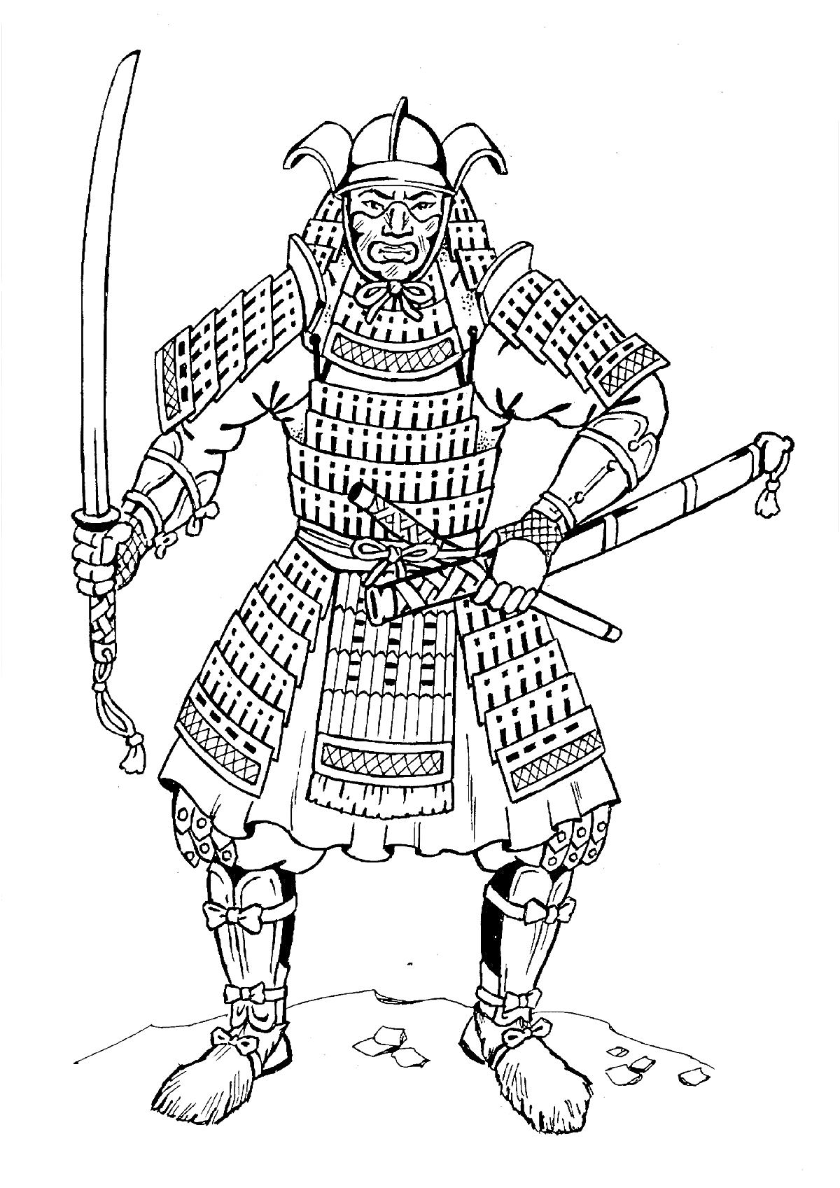 Раскраска Самурай в полном доспехе с мечом и ножнами на фоне камней