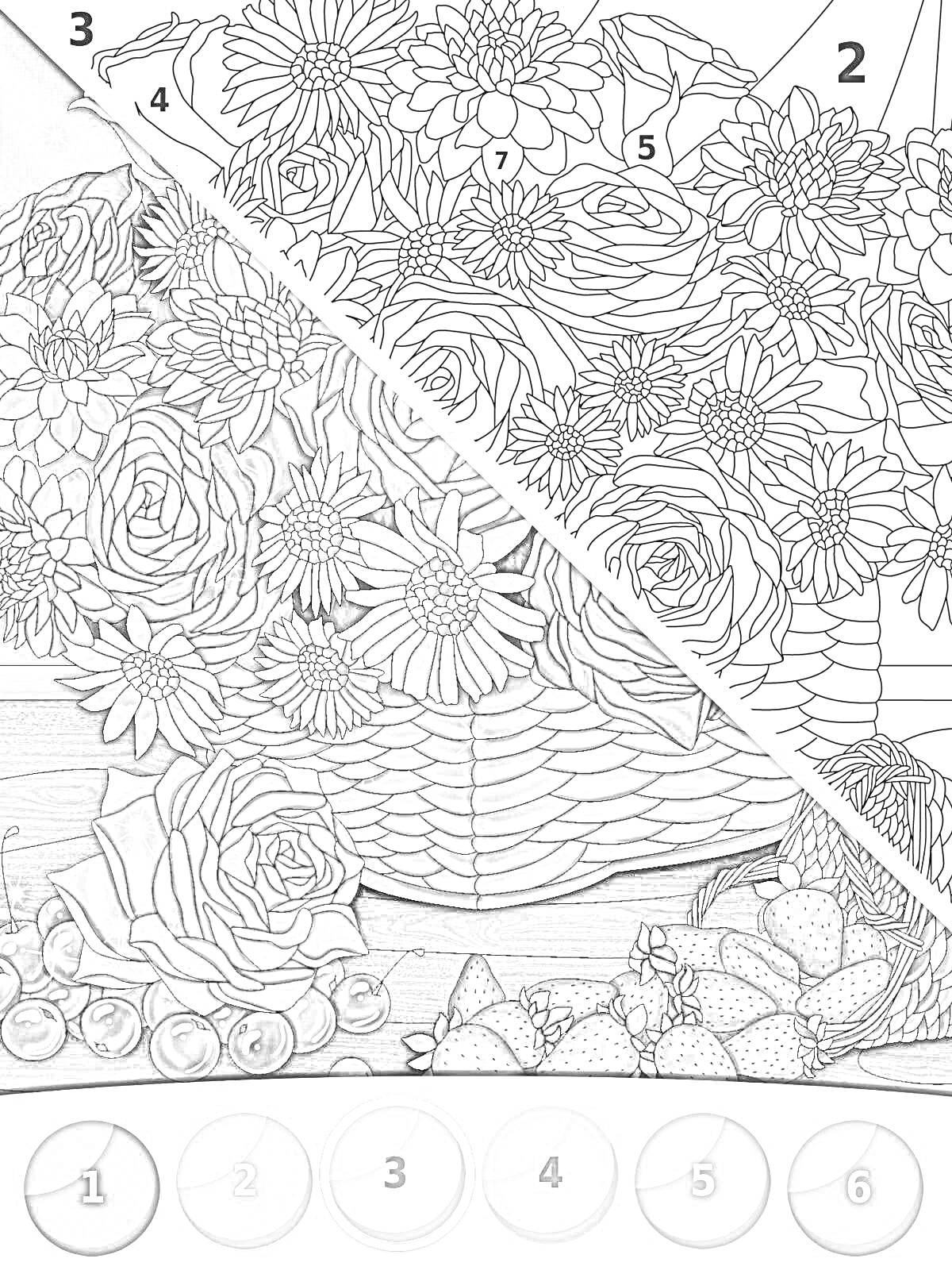 Раскраска Натюрморт с цветами в плетеной корзине и фруктами