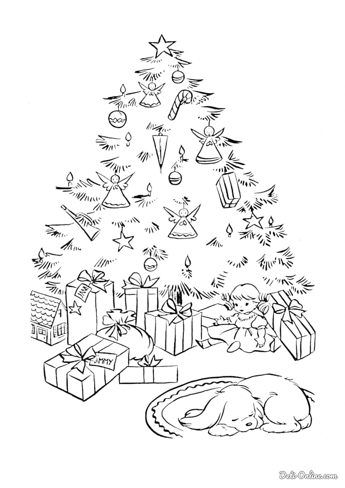 Раскраска рождественская елка с украшениями, подарками, девочкой и спящей собакой