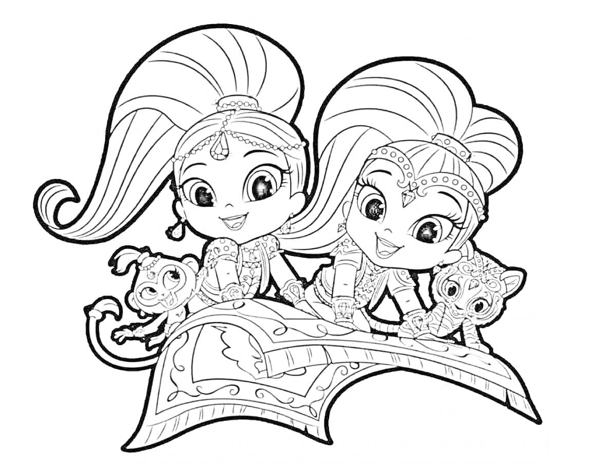 Раскраска Две девочки-джины со своими питомцами, сидящие на ковре-самолёте