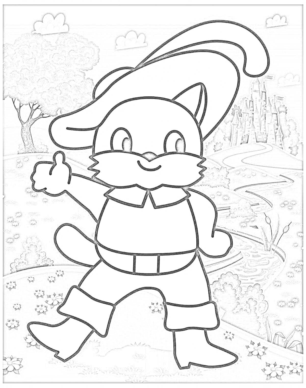 Раскраска Кот в сапогах на поляне у замка
