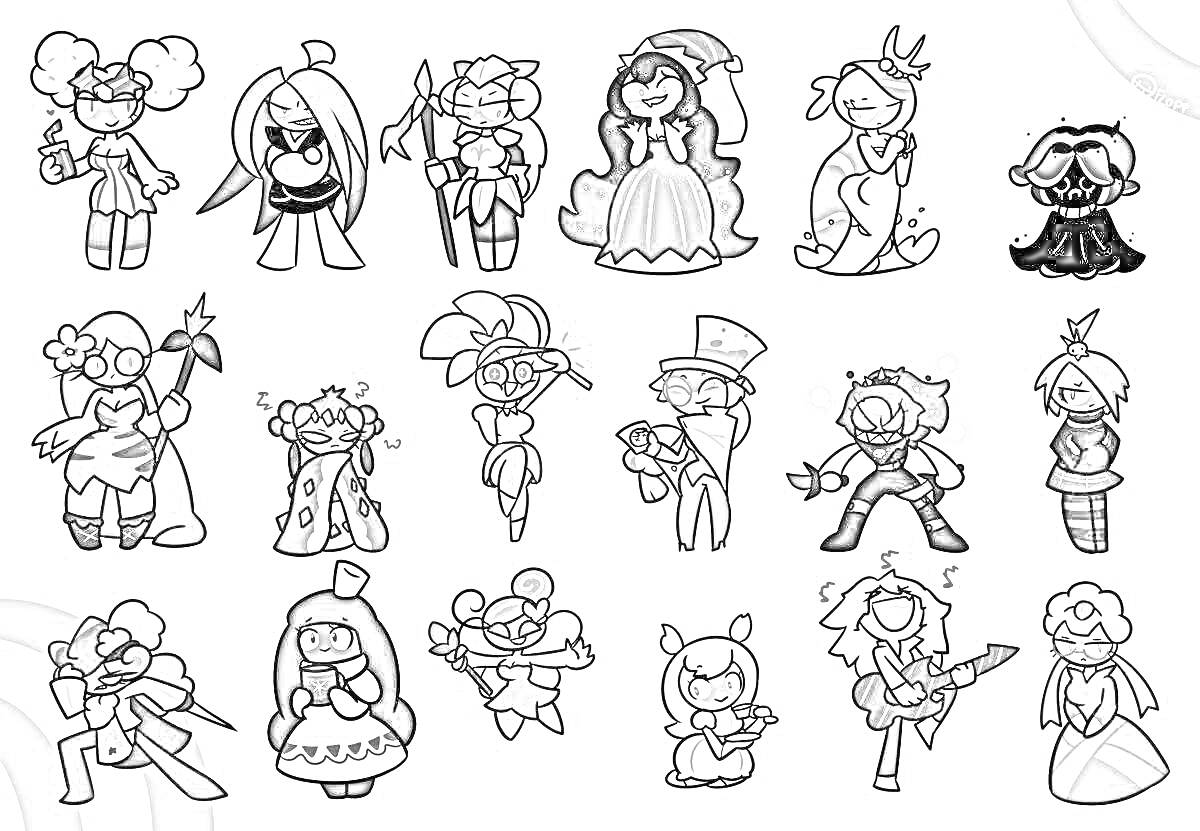 Раскраска Персонажи Cookie Run: Kingdom, 18 героев разных форм и нарядов