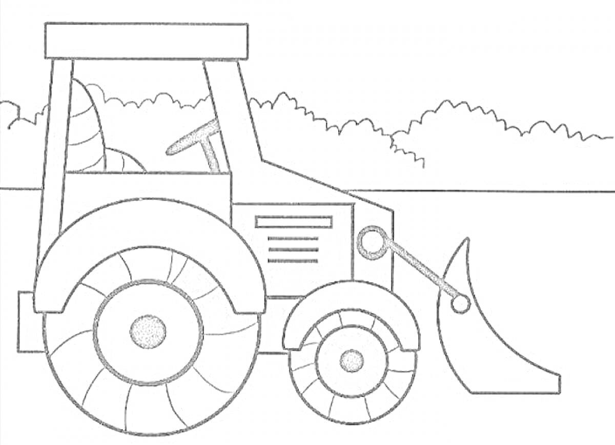 Раскраска Трактор с ковшом на фоне деревьев