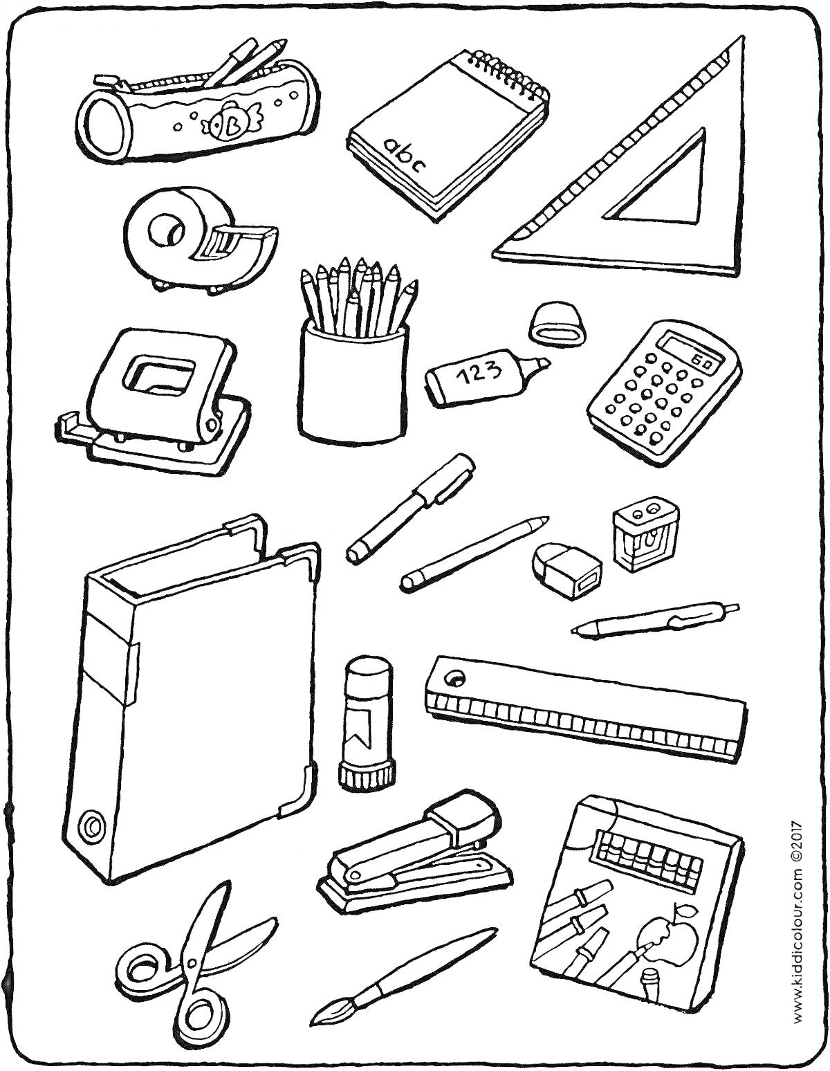 На раскраске изображено: Учебные принадлежности, Портфель, Школьные принадлежности, Блокнот, Скотч, Карандаши, Ластик, Калькулятор, Точилка, Линейка, Ножницы, Степлер, Пенал, Канцелярия, Школа, Учеба
