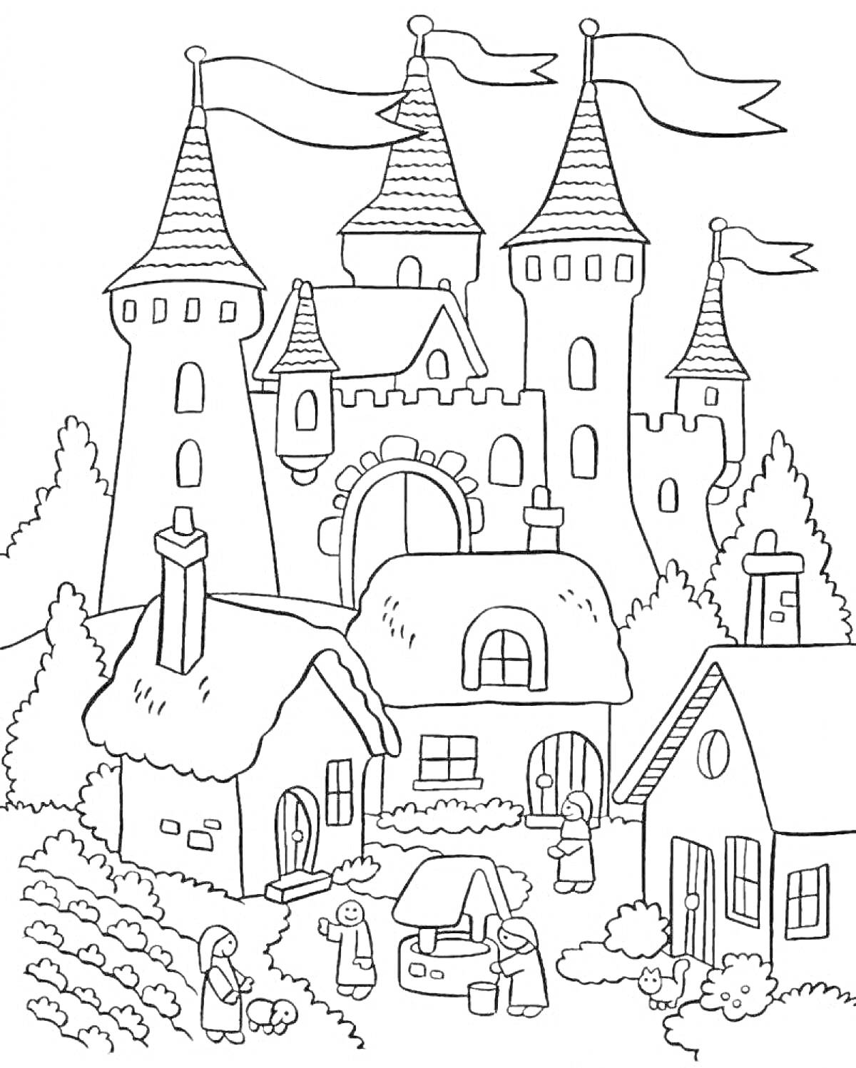 На раскраске изображено: Замок, Башни, Дом, Деревня, Колодец, Деревья, Огород
