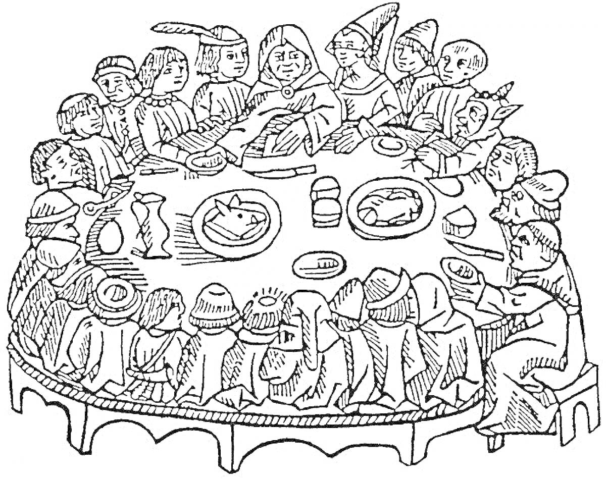 На раскраске изображено: Пир, Теремные палаты, Круглый стол, Гости, Еда, Кувшин, Хлеб, Средневековье, Традиции