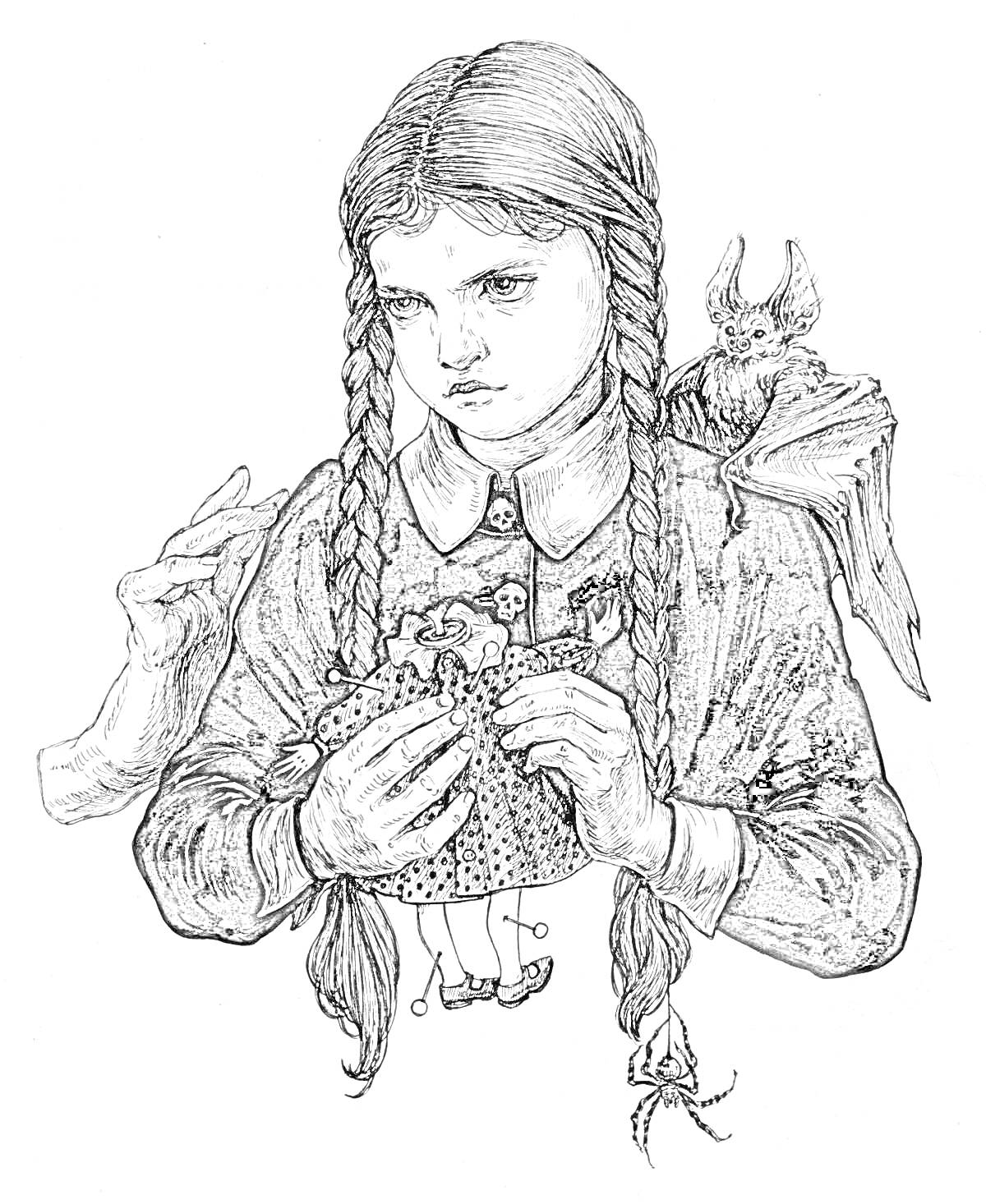 Раскраска Девочка с косичками, держащая куклу, с рукой и летучей мышью на плече.