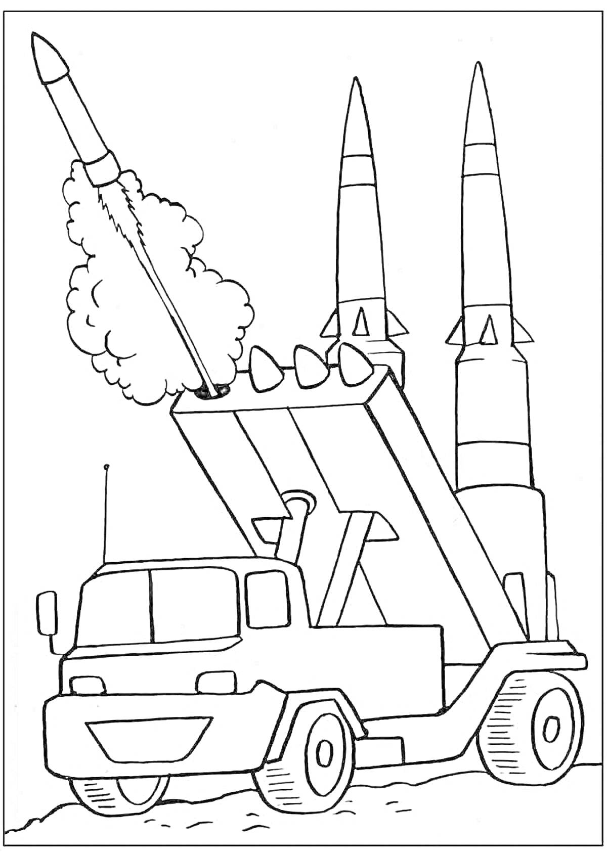 На раскраске изображено: Катюша, Военная техника, Ракетная установка, Ракета, Боеприпасы, Оружие