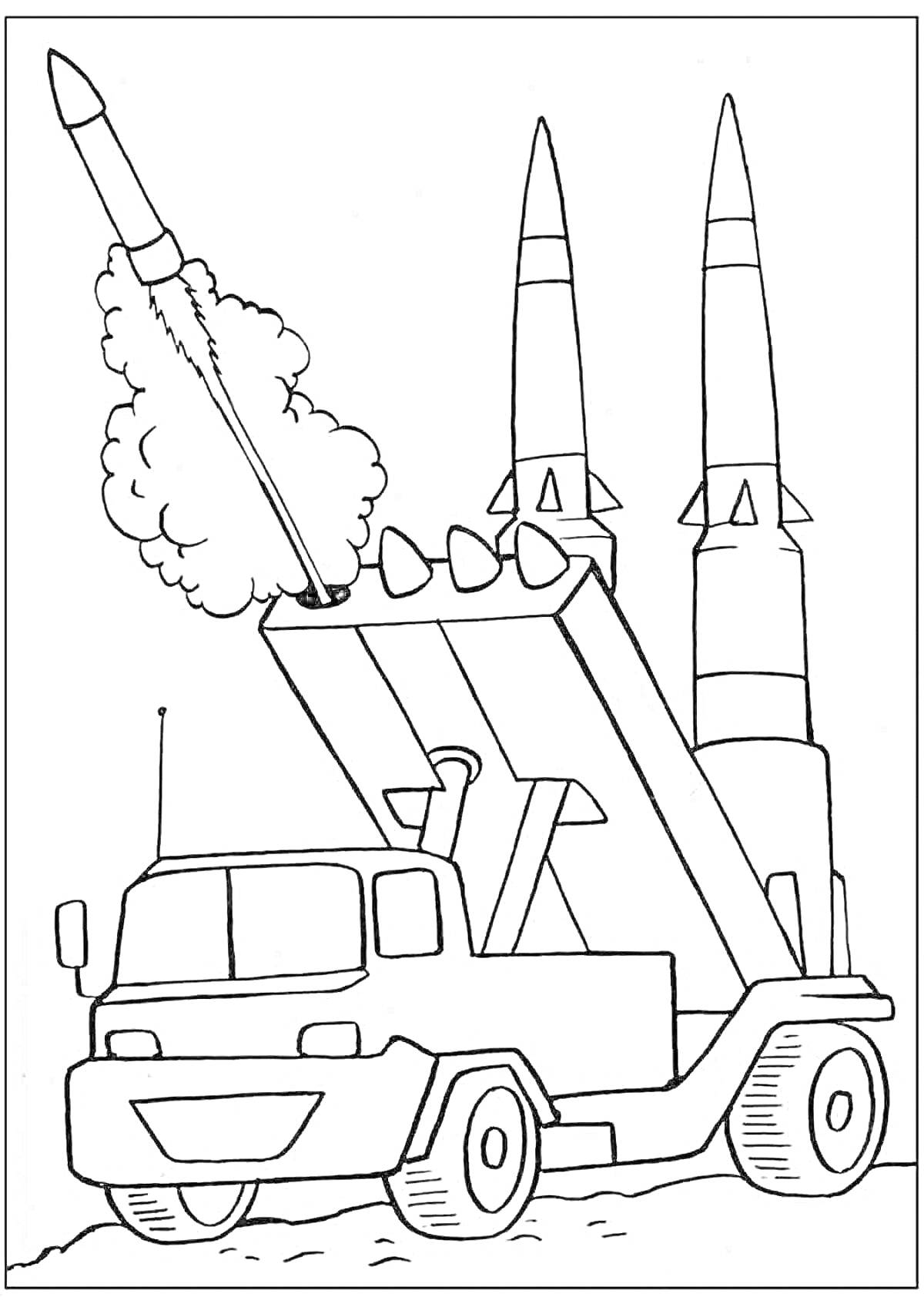 Раскраска Катюша - грузовик с ракетной установкой, запускающей ракету, две стоящие ракеты