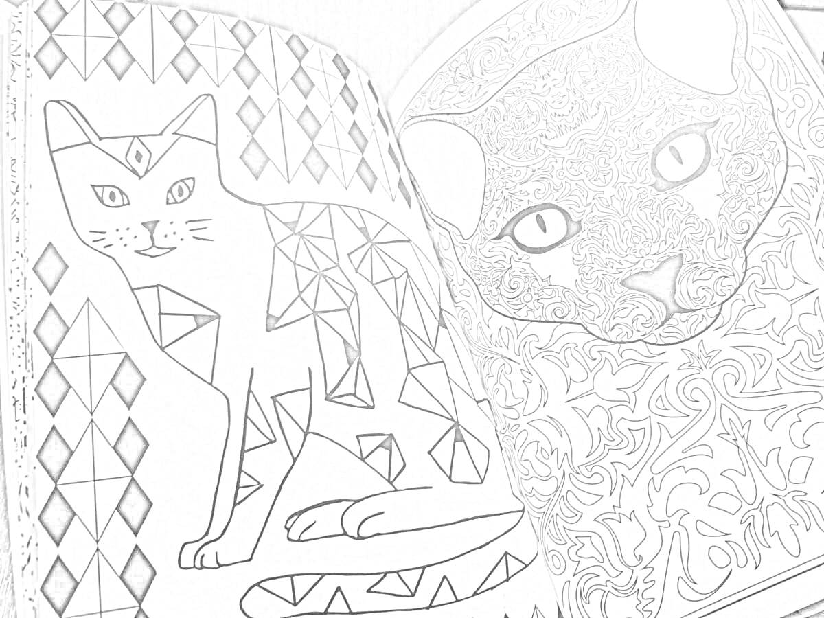 Раскраска Кот с геометрическими узорами и кот с детализированным лицом и абстрактным фоном
