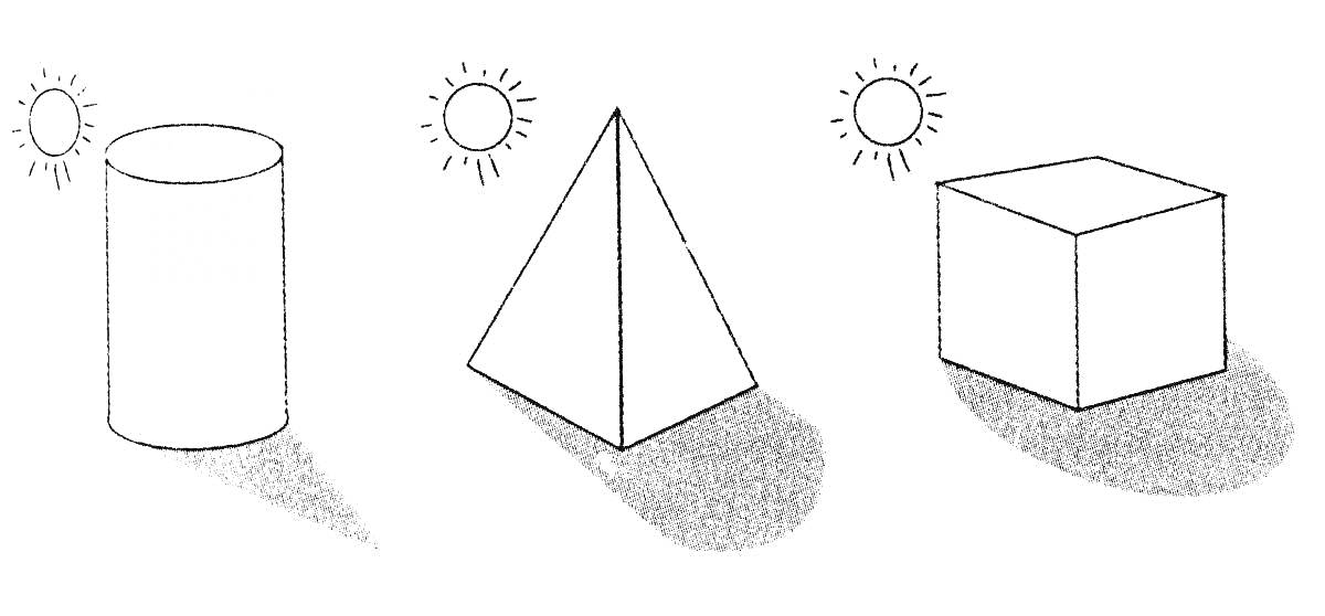 цилиндр, пирамида и куб под солнцем с тенями