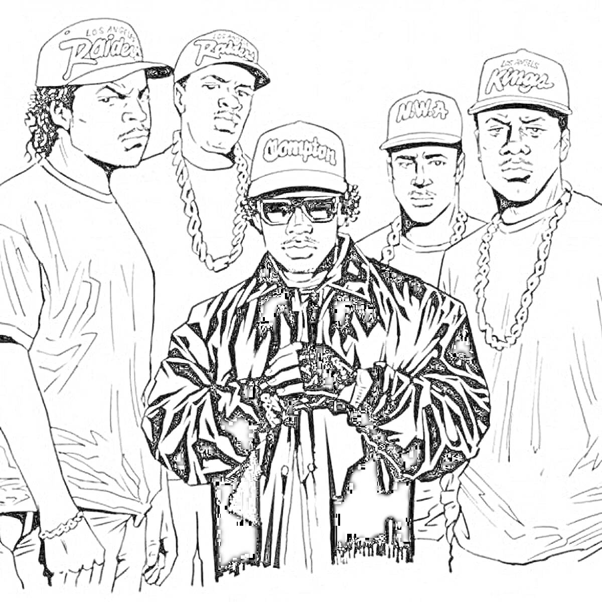 Раскраска Группа рэп-музыкантов с различными надписями на бейсболках и цепях