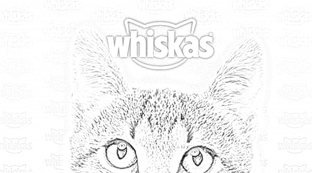 На раскраске изображено: Whiskas, Уши, Глаза, Еда для кошек, Бренд