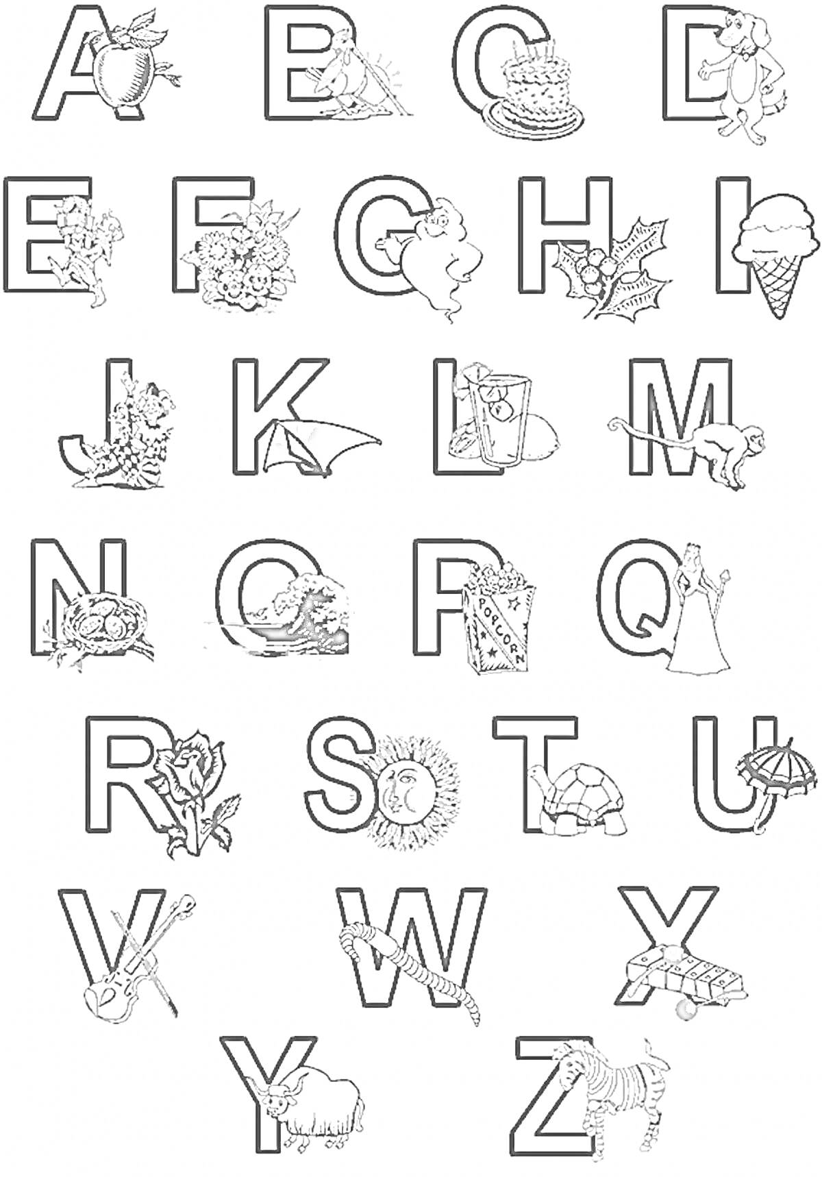 На раскраске изображено: Алфавит, Буквы, Предметы, Еда, Обучение, Для детей, Животные