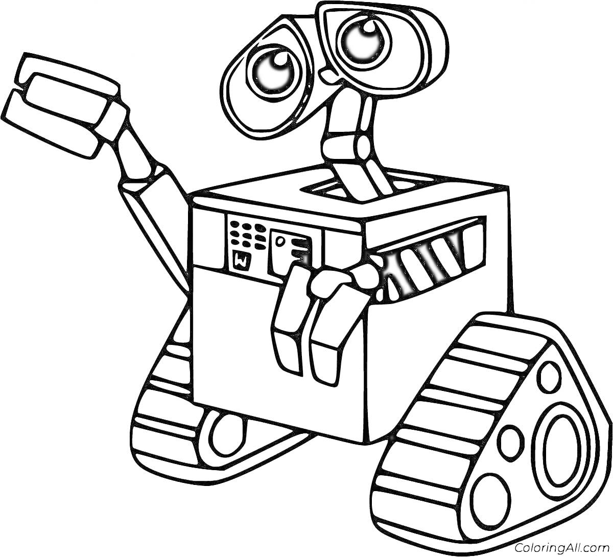 На раскраске изображено: Робот, Мультик, Валли, Персонаж, Большие глаза, Гусеницы, Поднятая рука, Техника, Дружелюбный