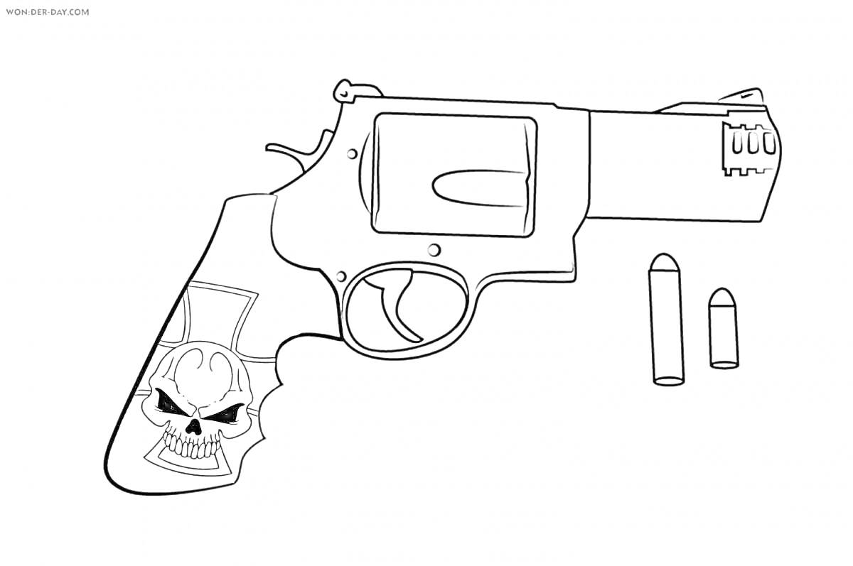 Раскраска Револьвер с изображением черепа на рукоятке и двумя патронами