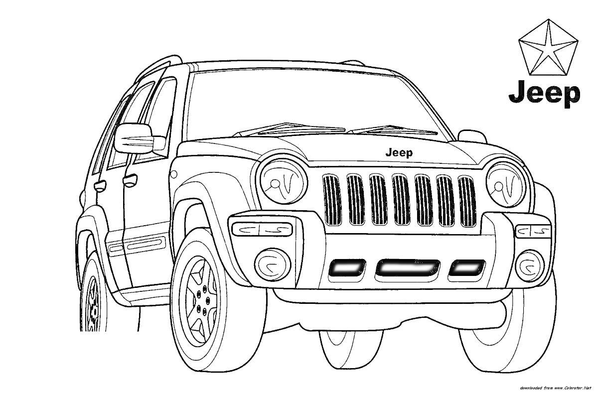 Джип на бездорожье с логотипом, передняя часть автомобиля, значок марки Jeep