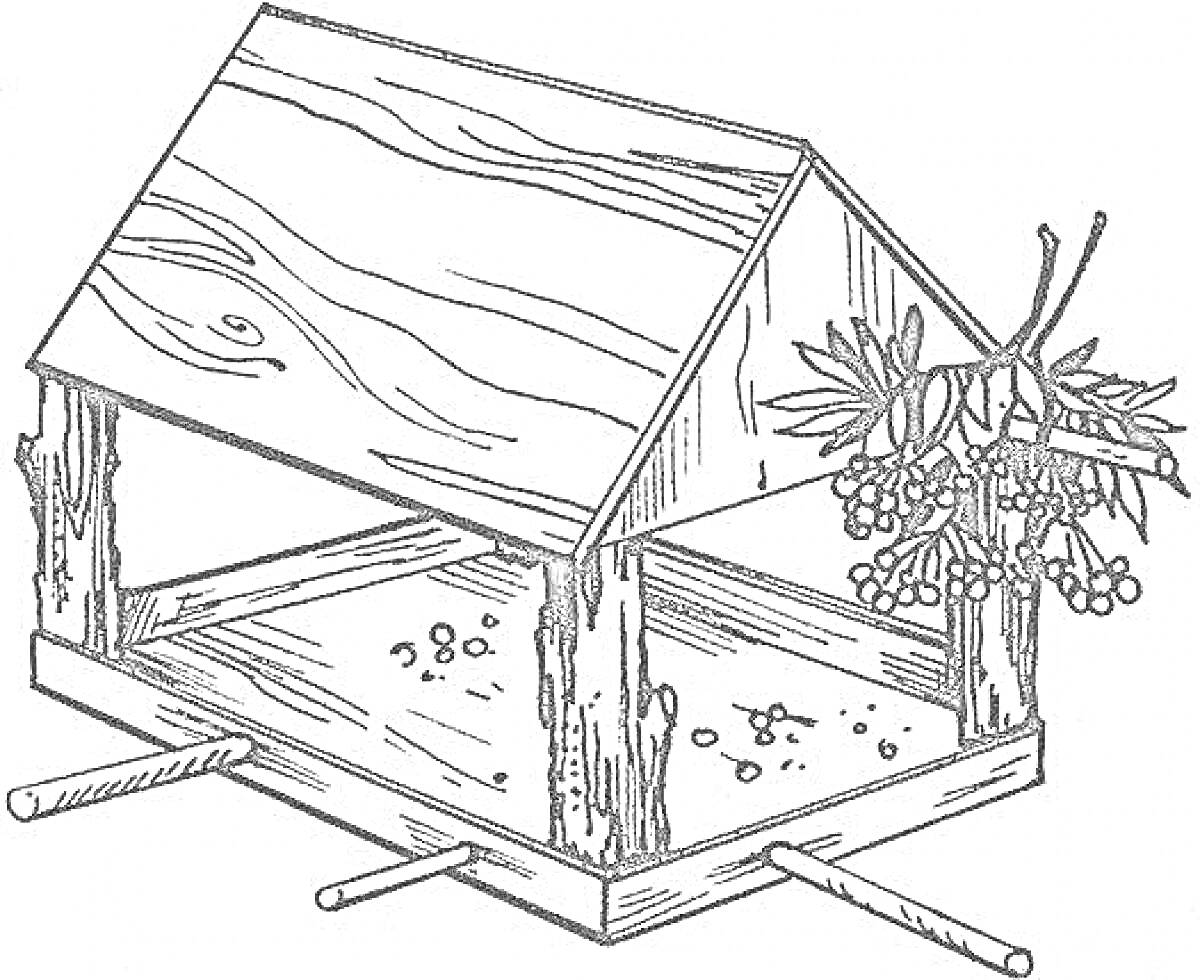 На раскраске изображено: Кормушка для птиц, Крыша, Корм, Для детей, 3 года, 4 года