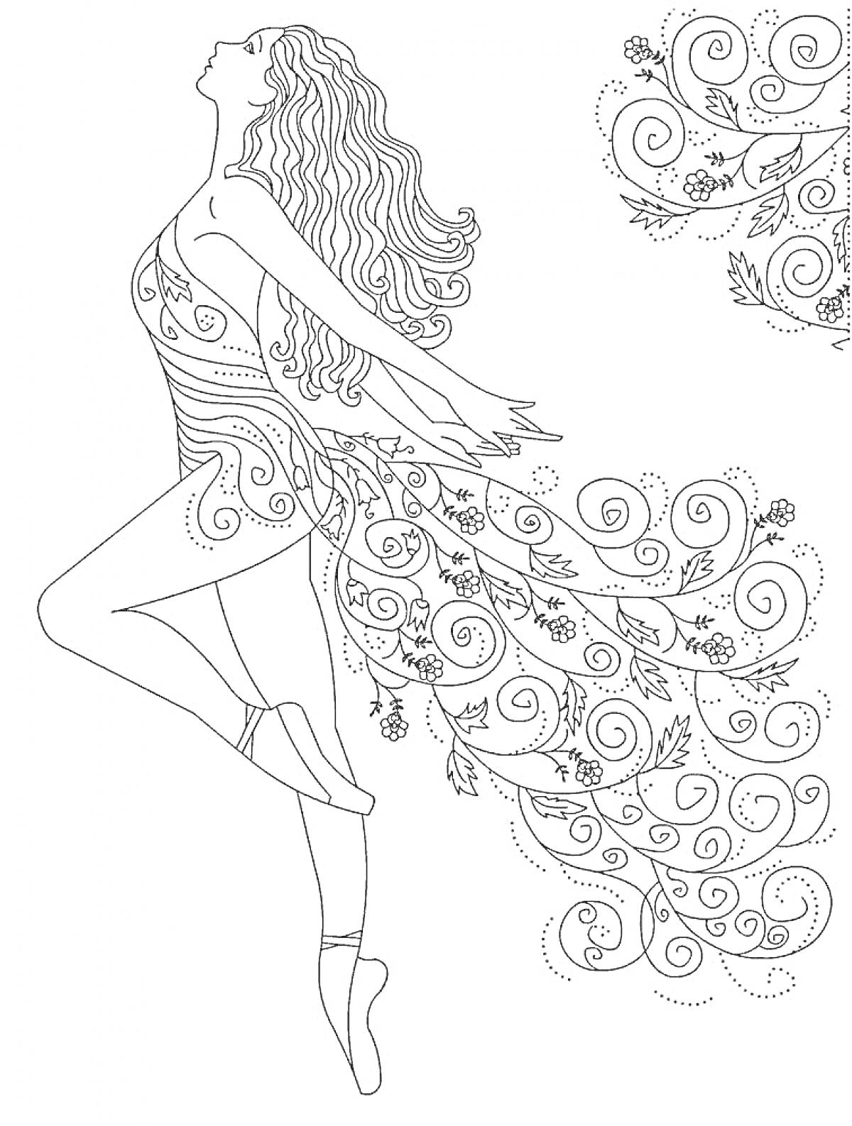 Балерина с длинными волосами в пачке с цветочными и узорными элементами, на пуантах, с задним фоном в виде завитков и узоров