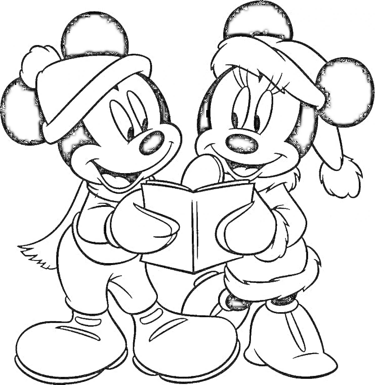 Раскраска Микки и Минни читают книгу в зимней одежде