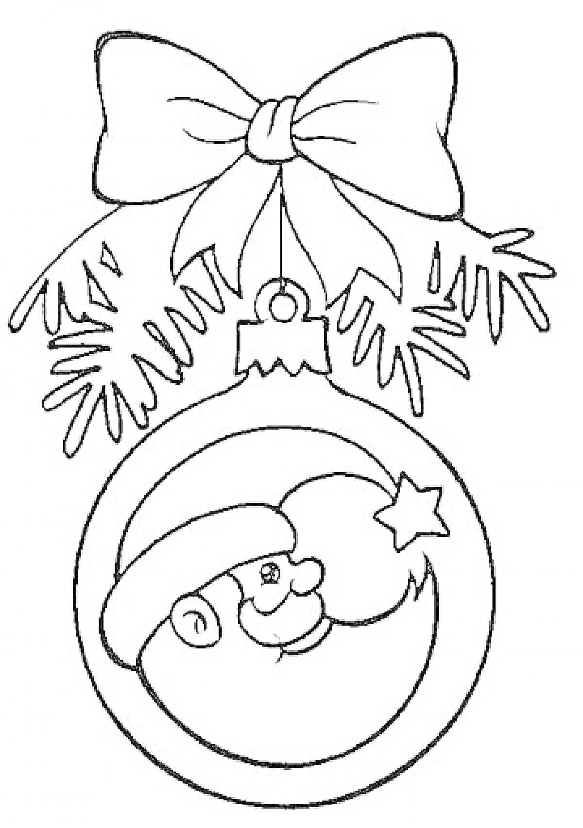 Раскраска Шар с изображением Деда Мороза, украшенный ветками елки и бантом