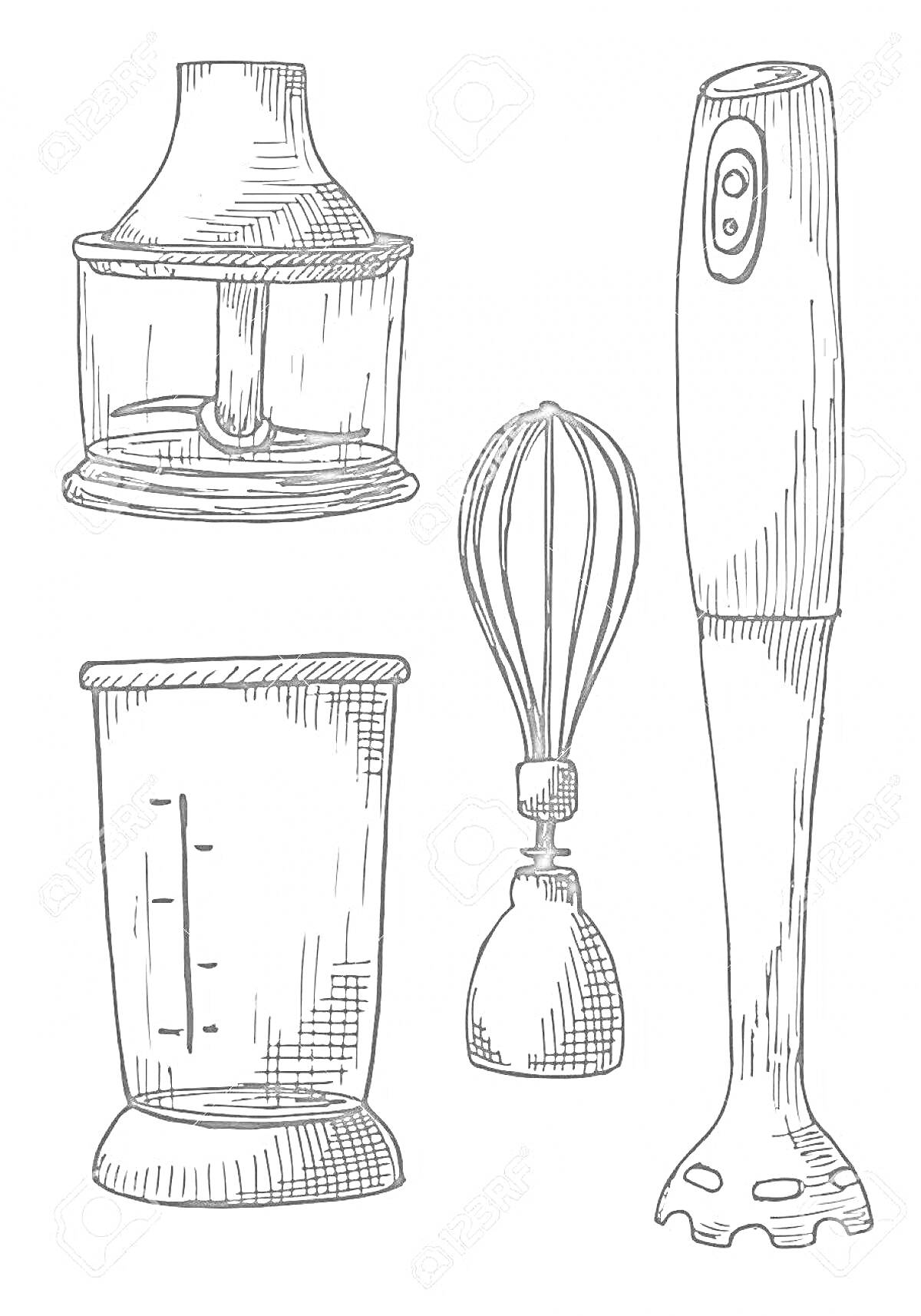На раскраске изображено: Блендер, Венчик, Мерный стакан, Кухонная техника