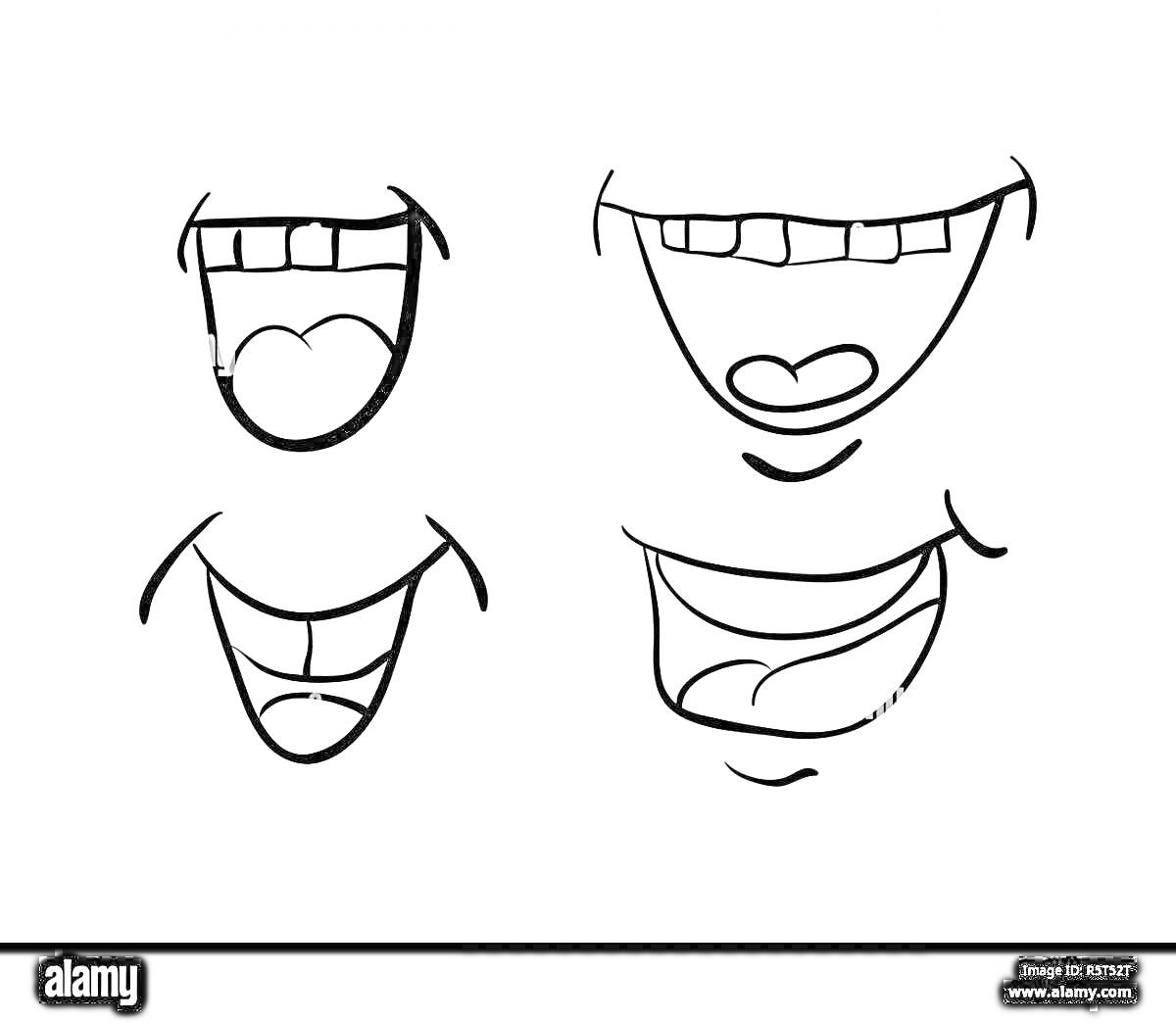 Четыре варианта рот с зубами, включая открытые рты с видимыми верхними и нижними зубами, широкие улыбки и рот с языком.