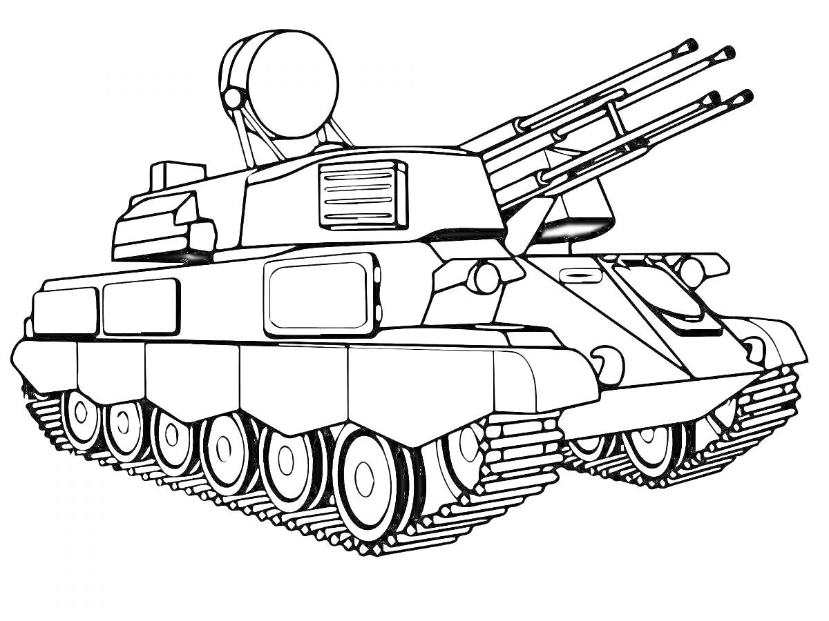 На раскраске изображено: Танк, Радар, Гусеницы, Для детей, Оружие, Военная техника, Пушка, Броня