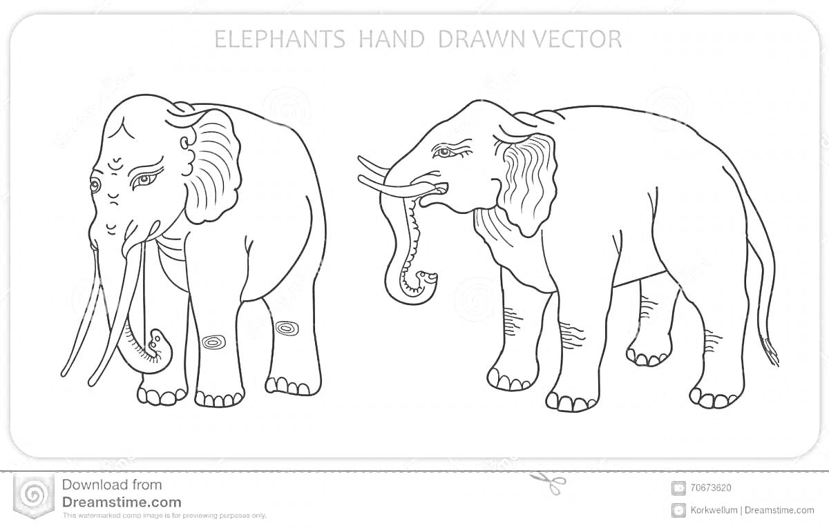 Раскраска Ручной рисунок индийского слона и африканского слона
