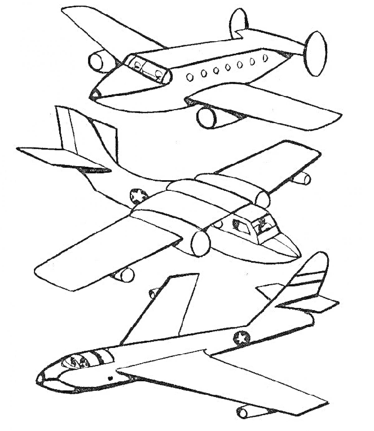 Раскраска Три различных самолета: один с круглыми иллюминаторами и двумя хвостовыми моторами, второй с прямоугольными крыльями и двумя моторами под крыльями, третий с реактивным двигателем и задним оперением.