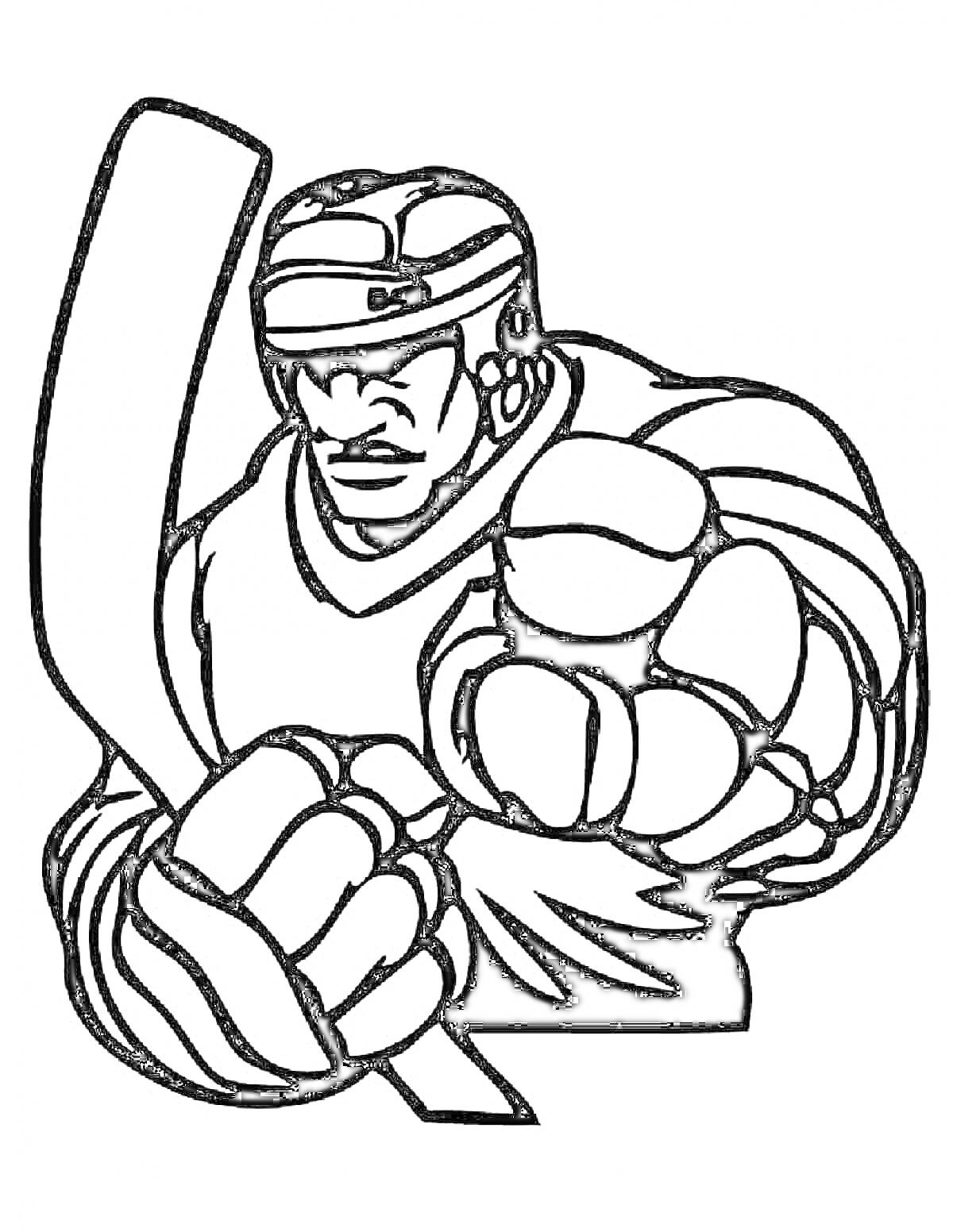 Раскраска хоккеист в шлеме с клюшкой в одной руке и кулаком в другой