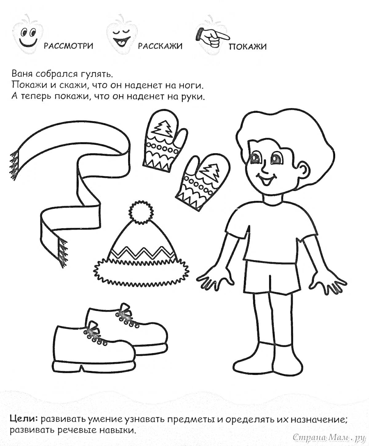 Раскраска Мальчик Ваня собирается гулять. Покажи и скажи, что он наденет на ноги, руки и голову