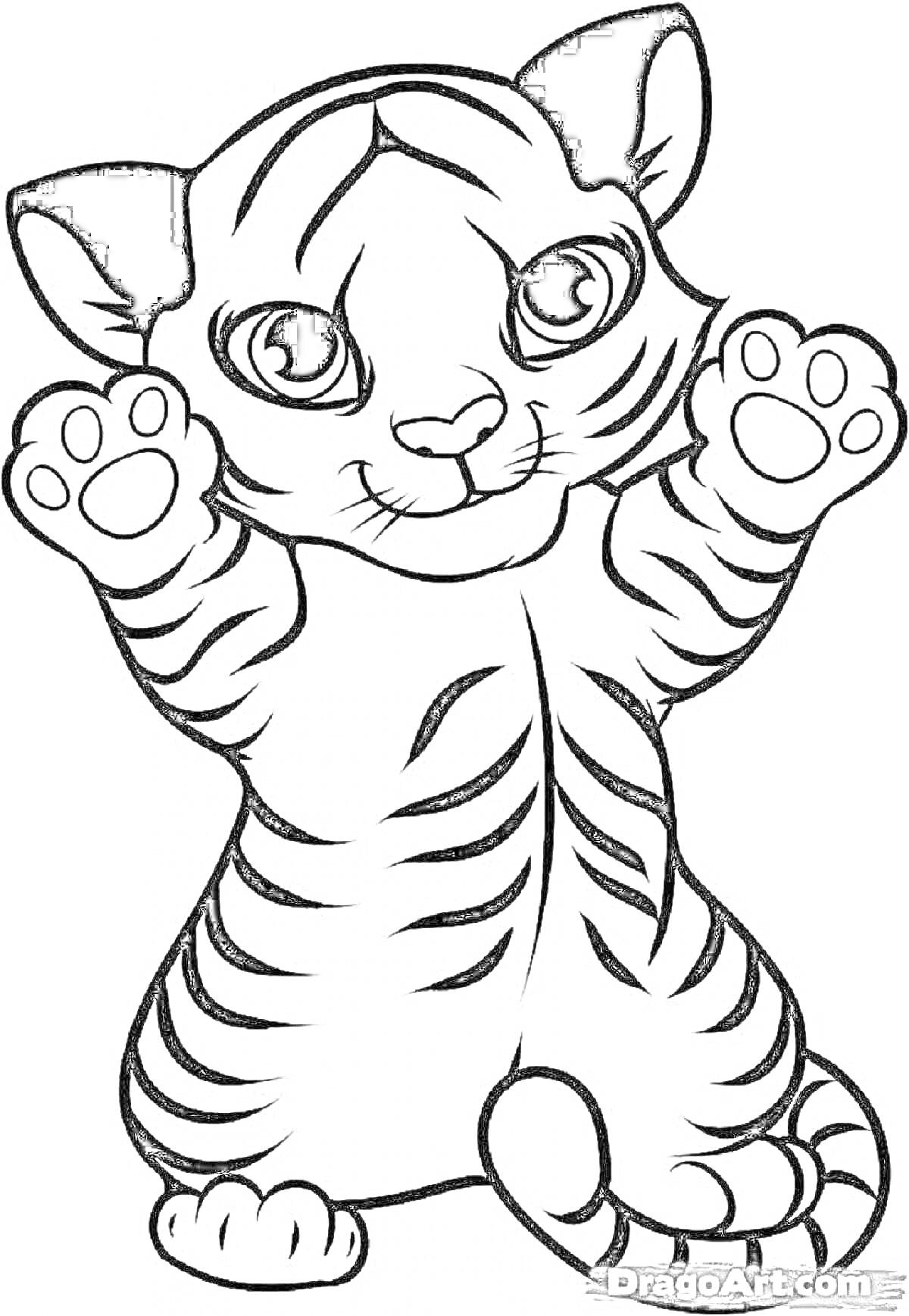 Раскраска мультяшный тигрёнок с лапками вверх