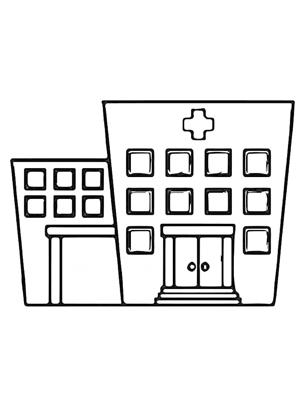 Здание больницы с крестом и окнами