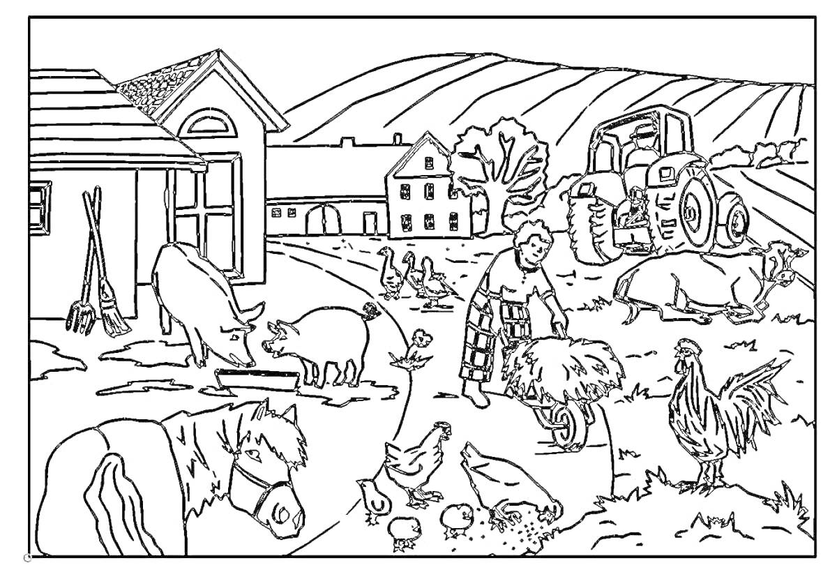 Раскраска Деревенский домик с животными на ферме, конь, корова, свиньи, овцы, курицы, утка, индюк, трактор, человек с охапкой сена, фермерский дом, сарай, лопаты и грабли, деревья, холмы