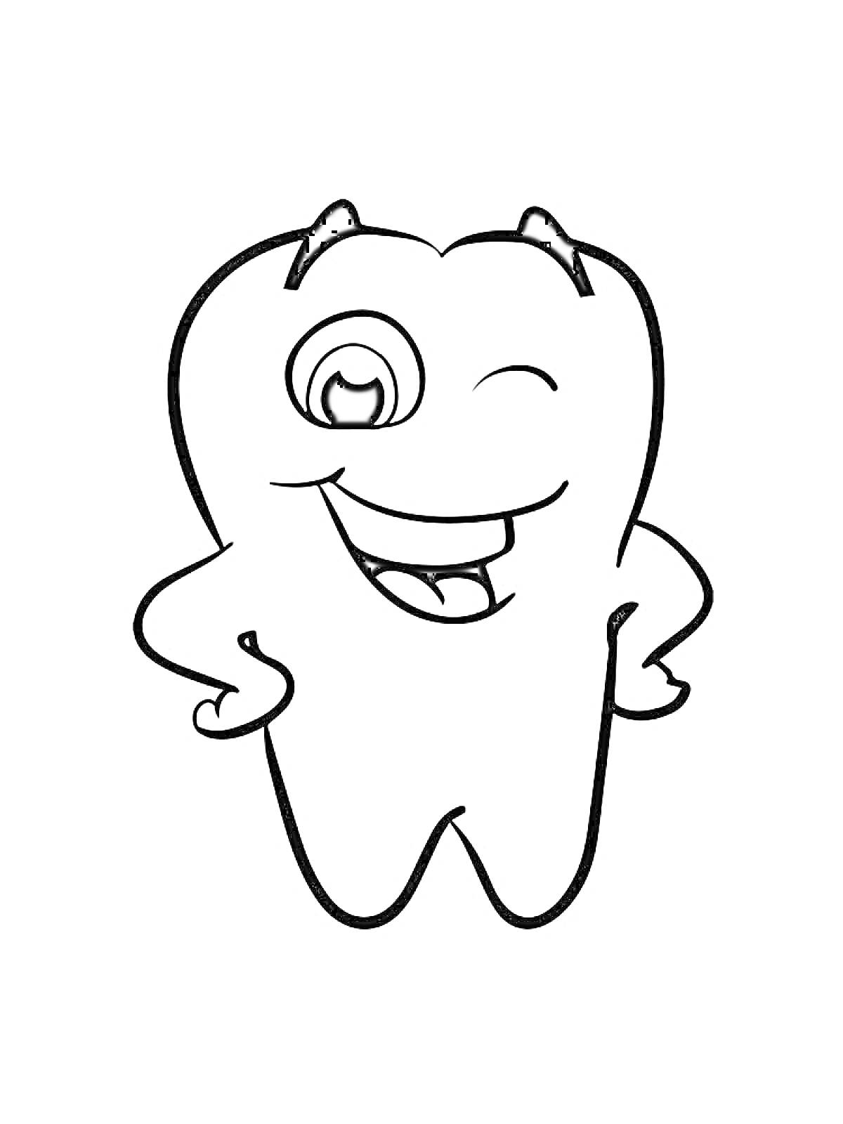 Раскраска Рисунок радостного зуба с подмигивающим глазом и поднятыми руками