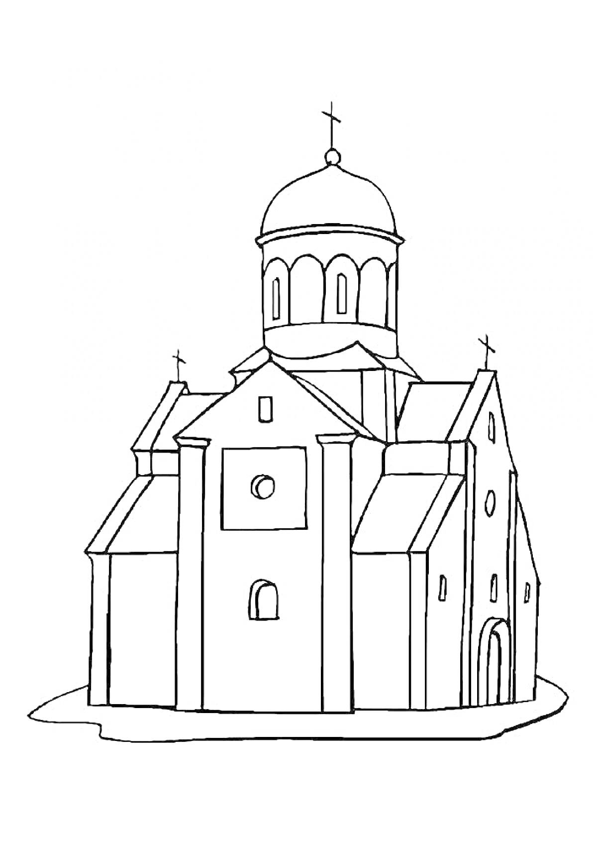 На раскраске изображено: Храм, Собор, Окна, Арка, Архитектура, Линии, Крест, Купола