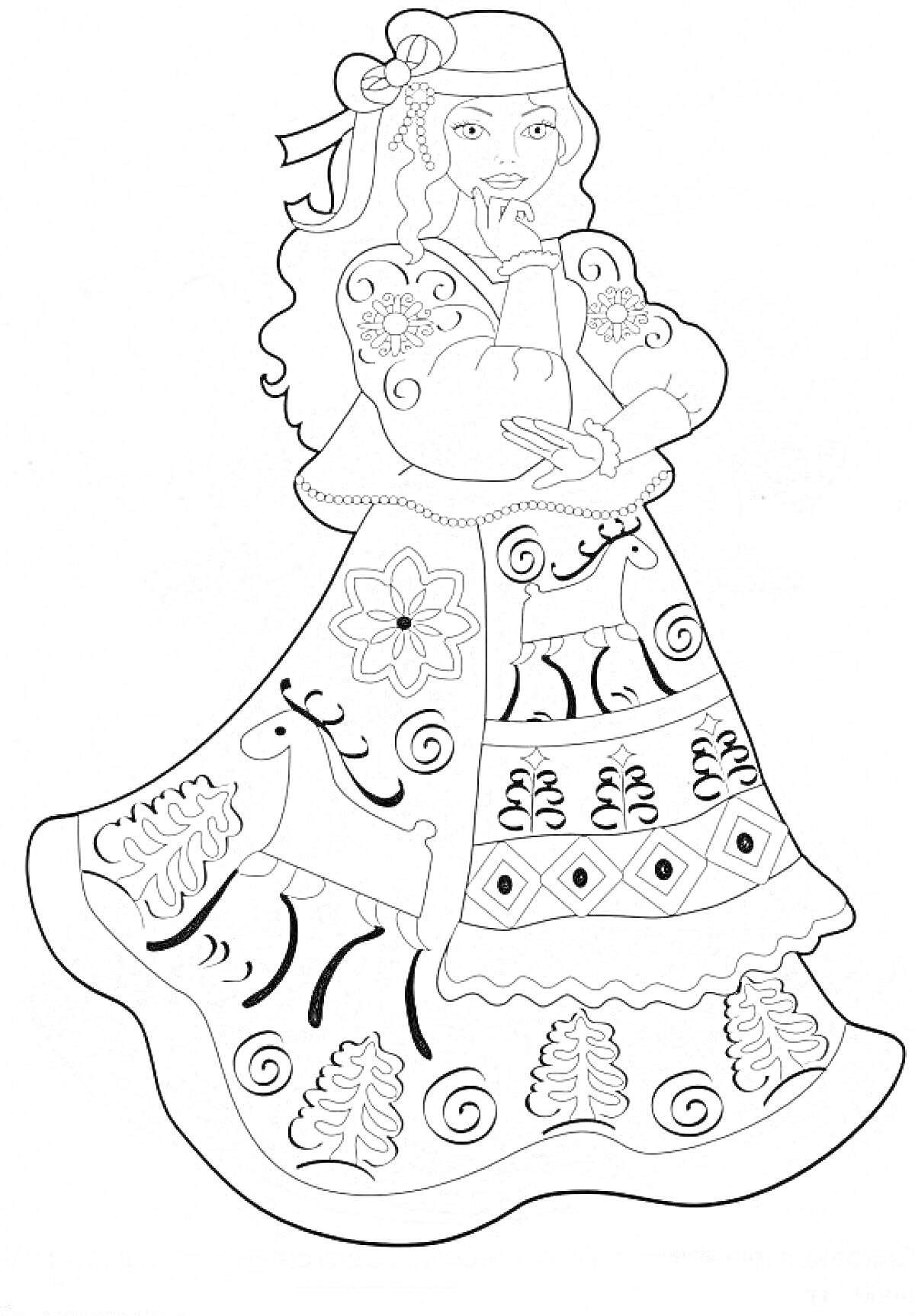 Раскраска Барышня в национальном костюме с вышивкой, оленем и цветами на платье