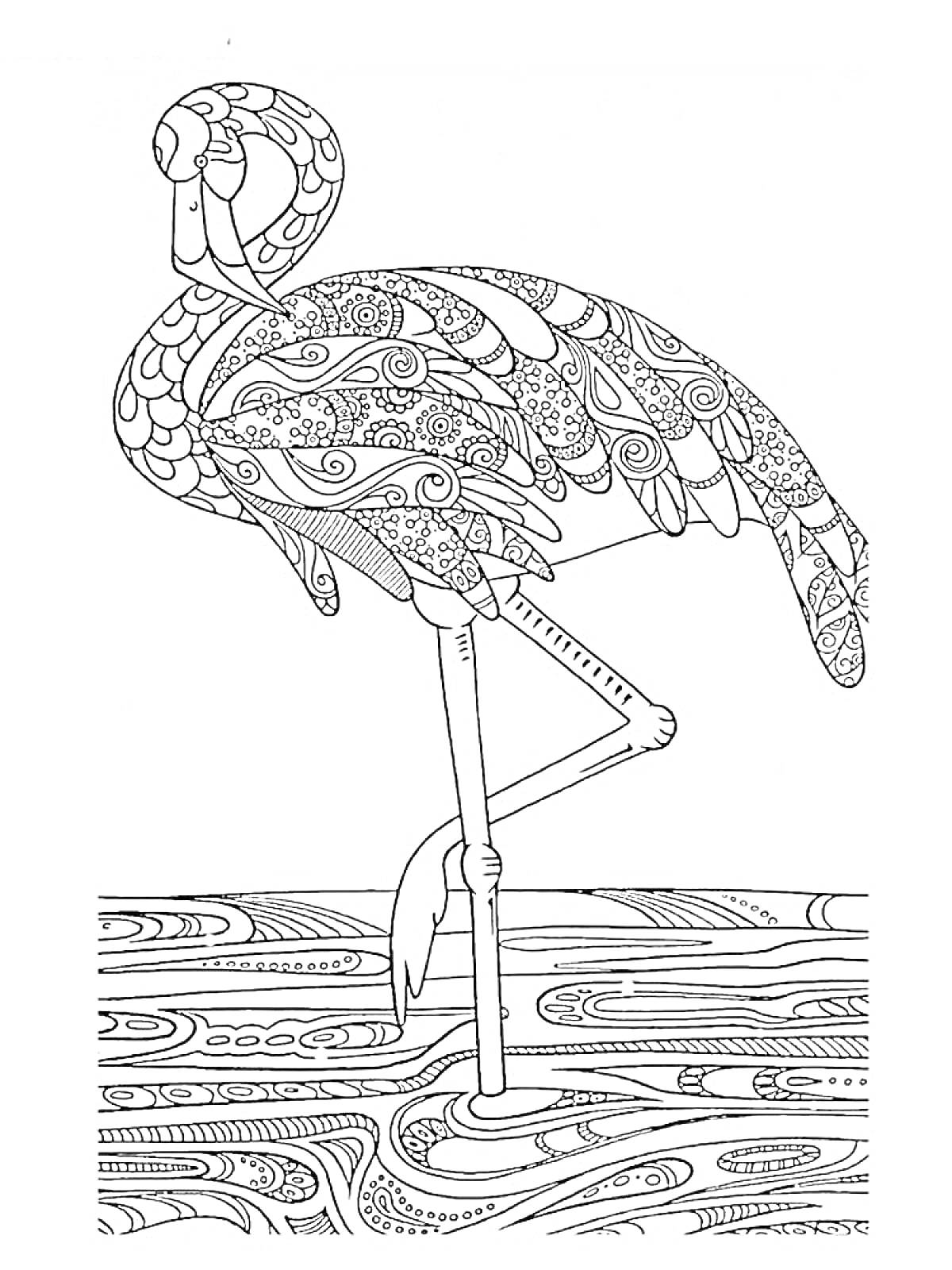 Раскраска Фламинго антистресс с узорными крыльями, стоящий на одной ноге в воде