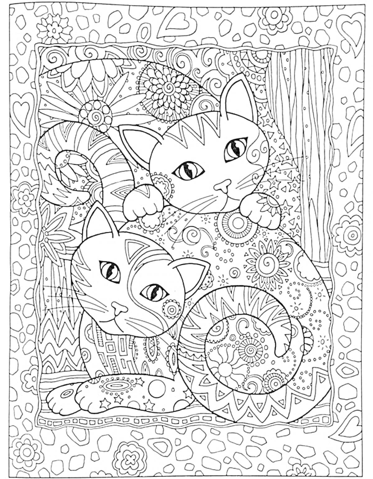 Раскраска Две лежащие кошки, окруженные цветами и узорами на фоне сердца и кругов
