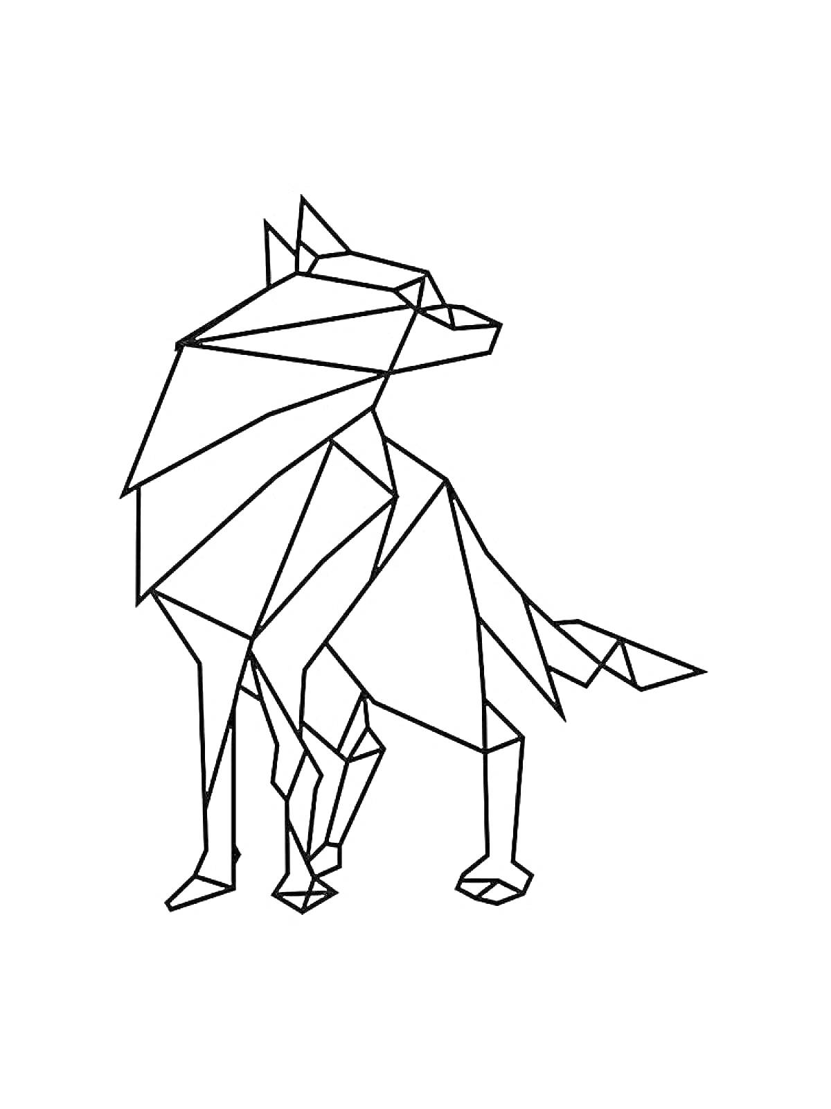 На раскраске изображено: Оригами, Волк, Геометрические фигуры, Животные, Контурные рисунки