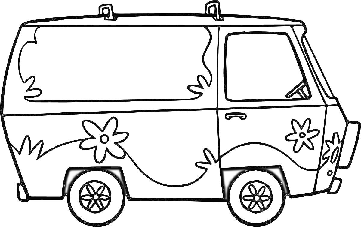 На раскраске изображено: Машинка, Цветы, Орнамент, Для девочек, Транспорт, Раскрашивание, Для детей