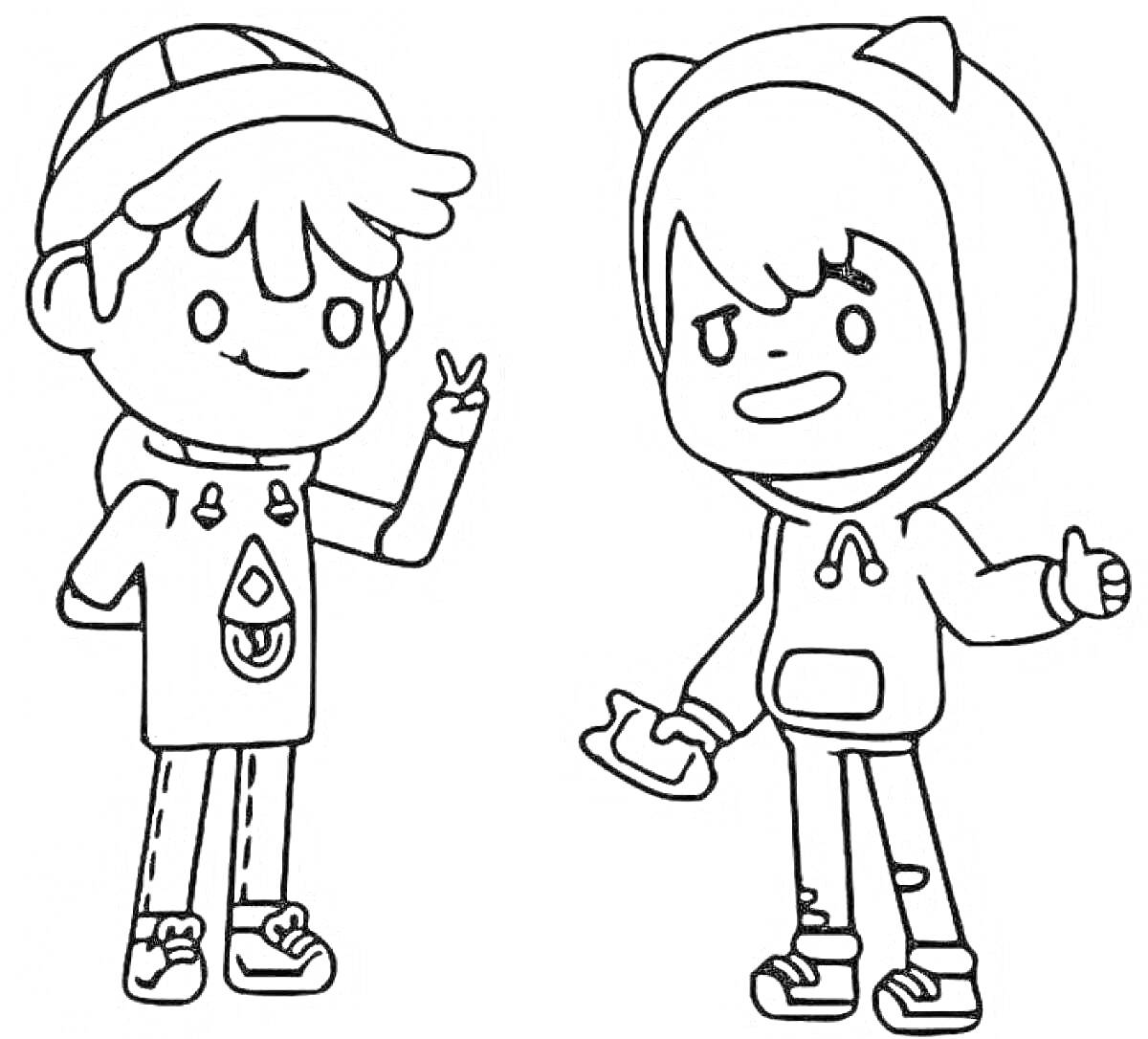 Раскраска Два персонажа из Toca Boca - мальчик в шапке и футболке с узором и мальчик в худи с кошачьими ушками