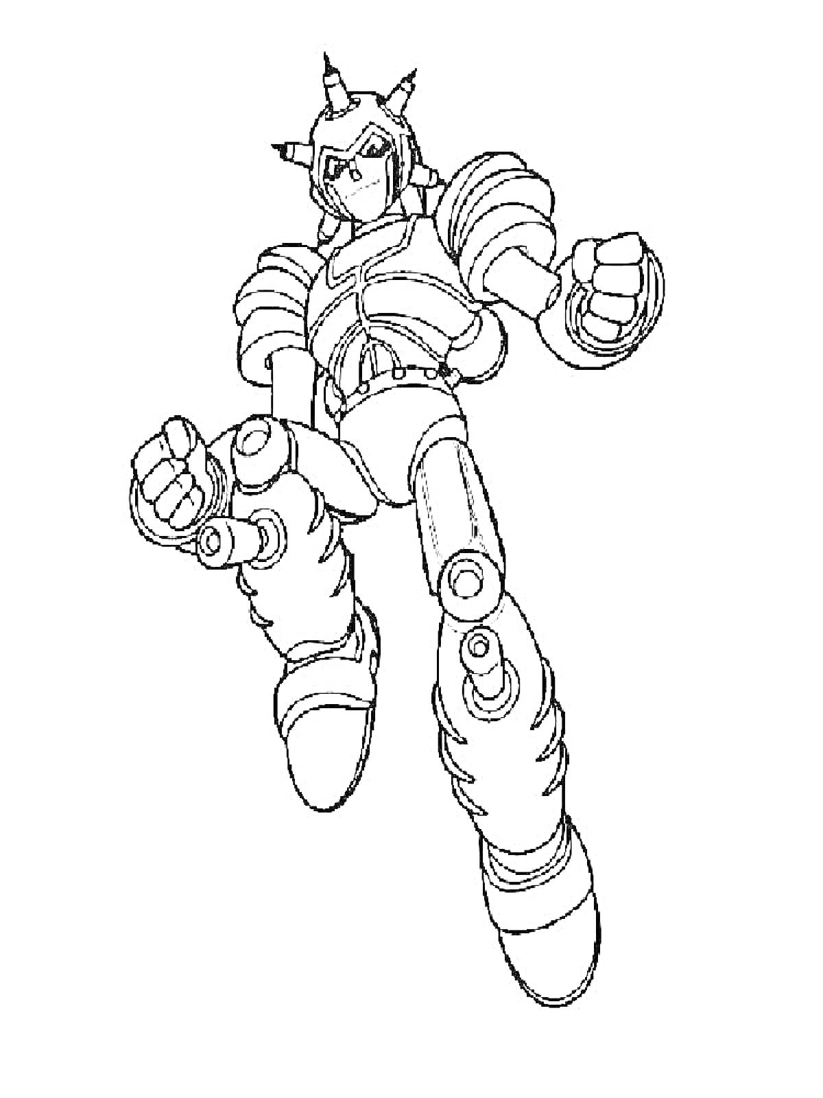 Раскраска Астробой в боевой позе с приподнятыми кулаками, робо-костюм с шипами на голове и броней на плечах