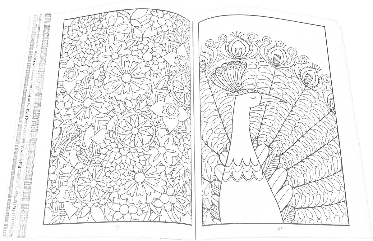 На раскраске изображено: Антистресс, Павлин, Цветы, Перья, Графика, Для взрослых, Творчество