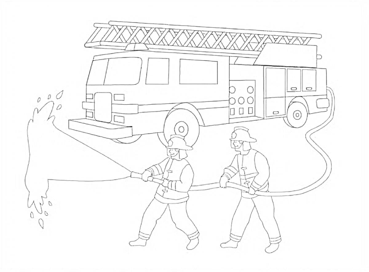 Раскраска Пожарные тушат огонь с пожарной машины