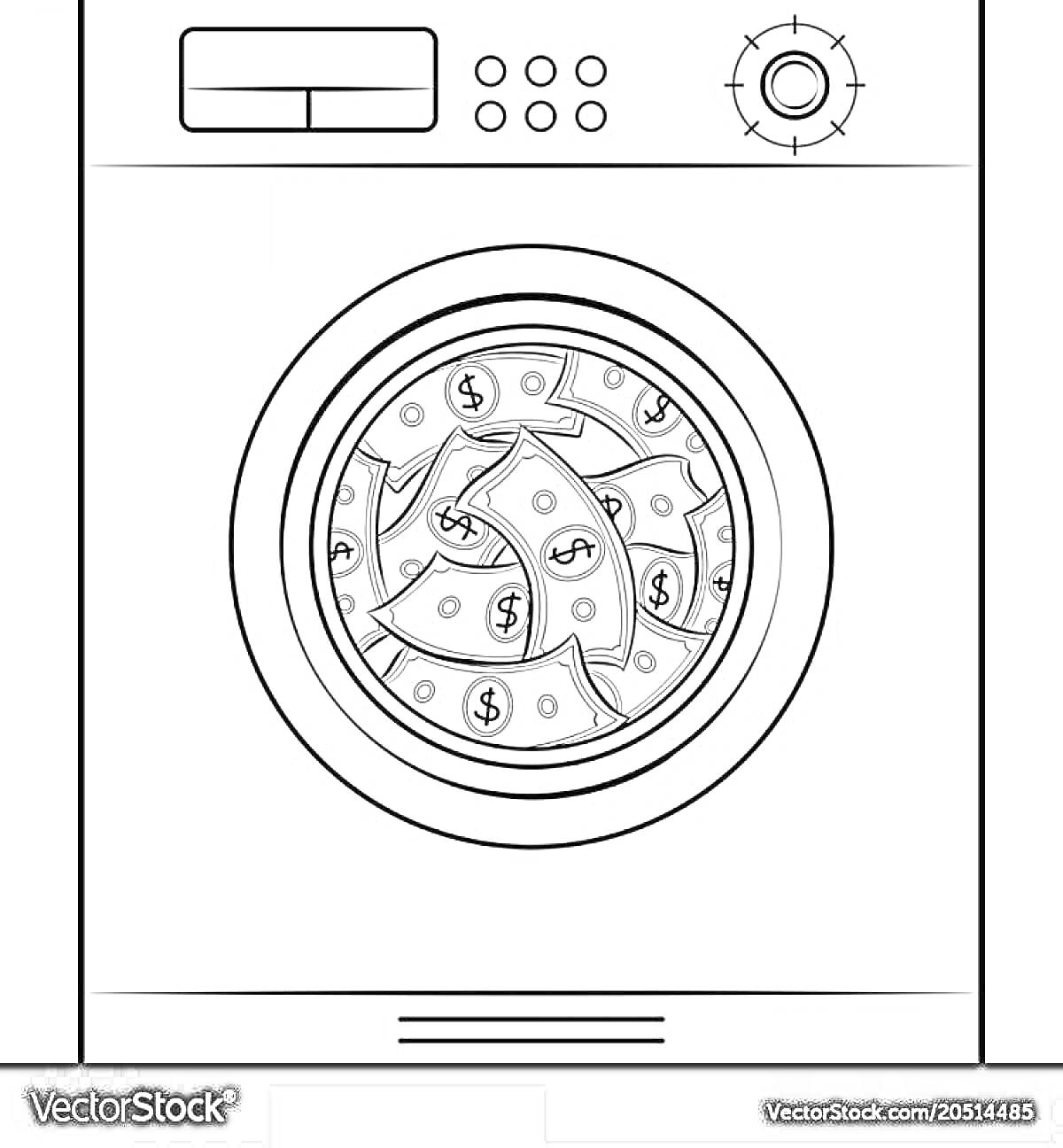 На раскраске изображено: Стиральная машина, Деньги, Купюры, Прачечная, Кнопки, Ручки управления