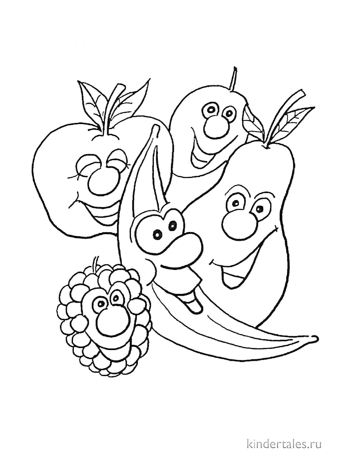 На раскраске изображено: Фрукты, Овощи, Для девочек, Яблоко, Банан, Малина, Арт, Веселье, Обучение